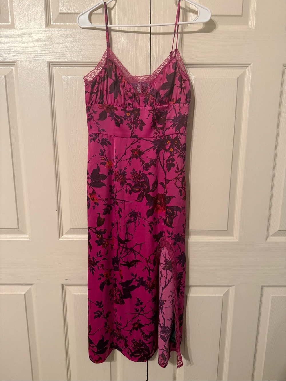 Urban Outfitters Fuchsia Floral Lace-Trim Midi Slip Dress